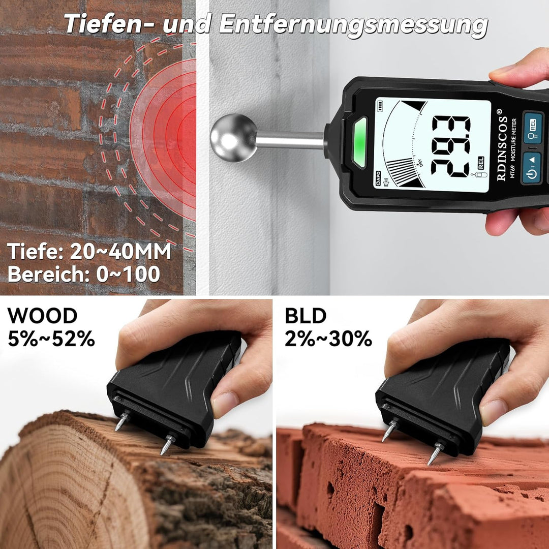 Feuchtigkeitsmessgerät RDINSCOS Feuchtigkeitsmessgerät Wand,Pin&Pinless Feuchtigkeitsmesser für Wänd
