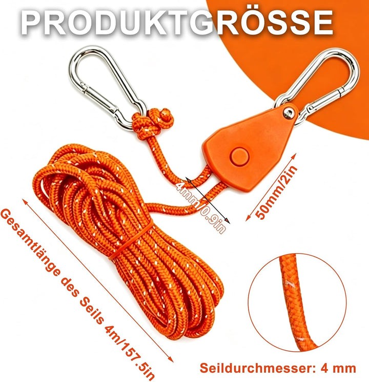 6 Stück 4m Seilratsche mit Haken and Schraubheringe | mit seilspanner, Einstellbare Ratchet Hange 1/