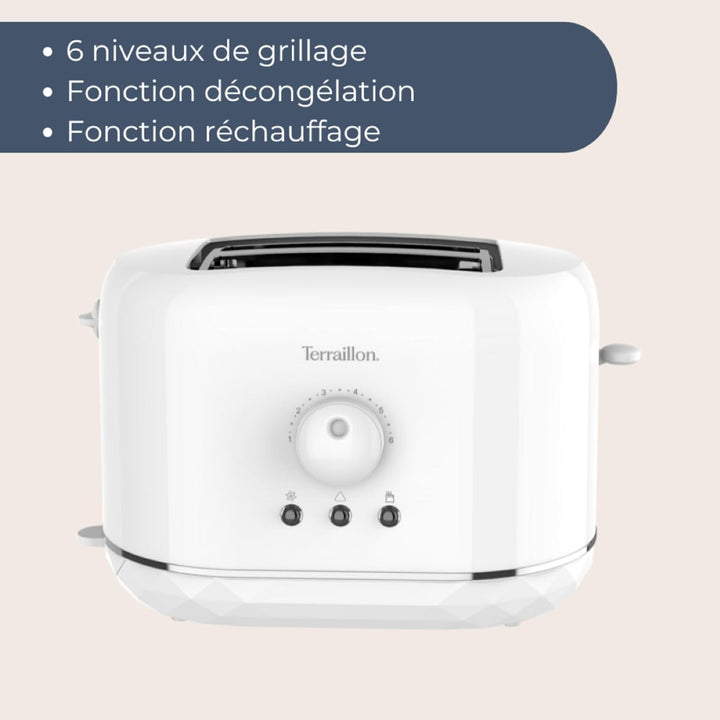 TERRAILLON - DIAMANT WEIss- Toaster – 2 Schlitze 13 cm – 6 Leistungsstufen (870 W) – Aufwärmen – Auf