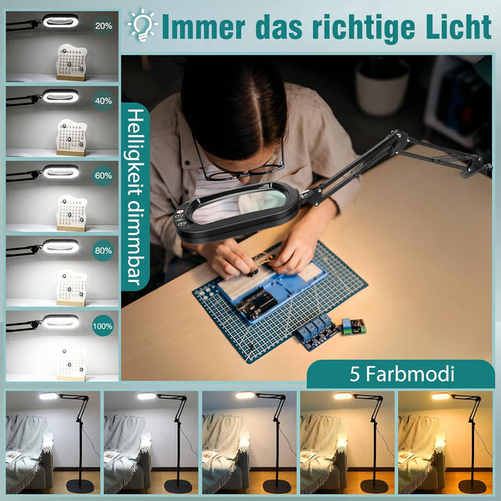 10X Lupe mit Licht und Ständer, 3-in-1 Lupen-Stehleuchte, 5 Farbmodi Dimmbar lupenlampe, leselupe fü
