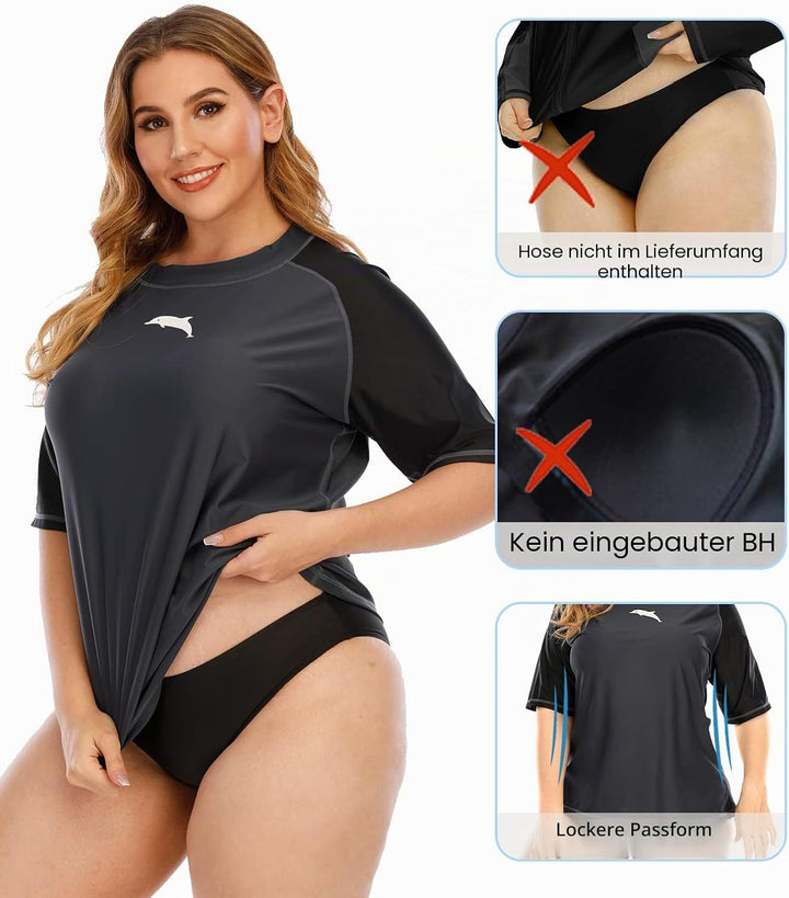 Halcurt UV Shirt Damen Übergrösse Rash Guard Kurzarm UPF 50+ Badeshirt UV Schutz Schwimmshirt Schnel