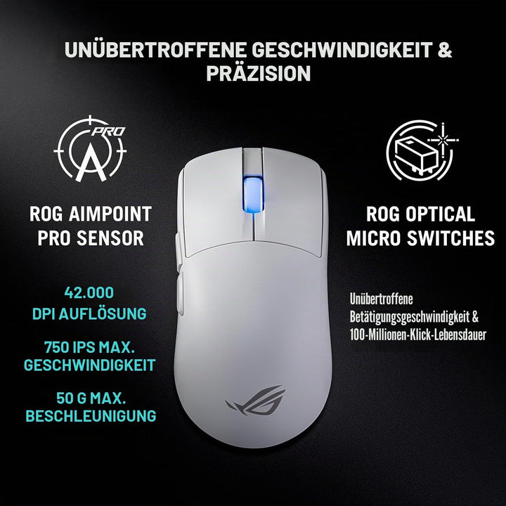 ASUS ROG Harpe II Ace White Wireless Gaming Maus (48 Gramm, semisymmetrische Esport Mouse, ROG AimPo