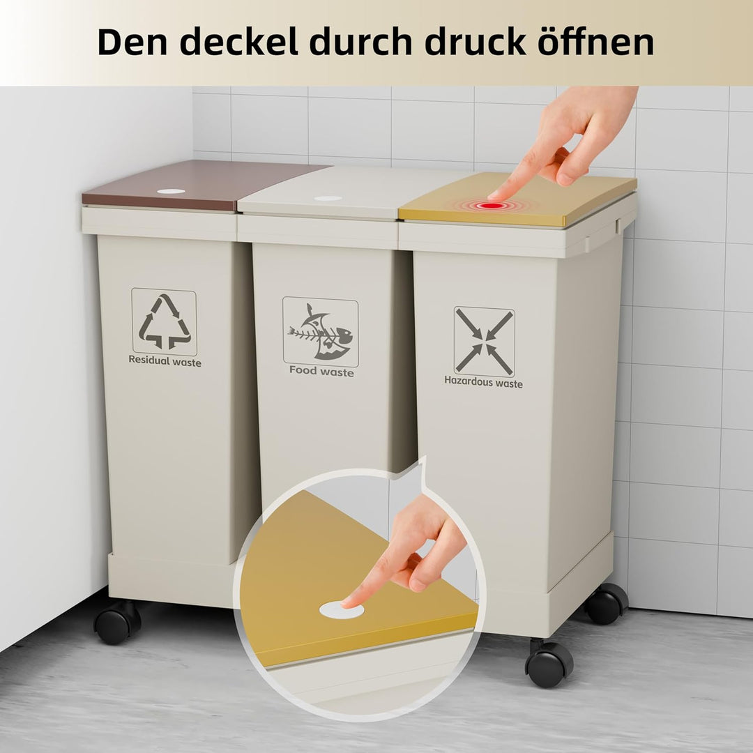 3-er Mülleimer-Set Küche Mülltrennsystem 3x Mülleimer mit Deckel, 3 X 12L, herausnehmbare Recycling-