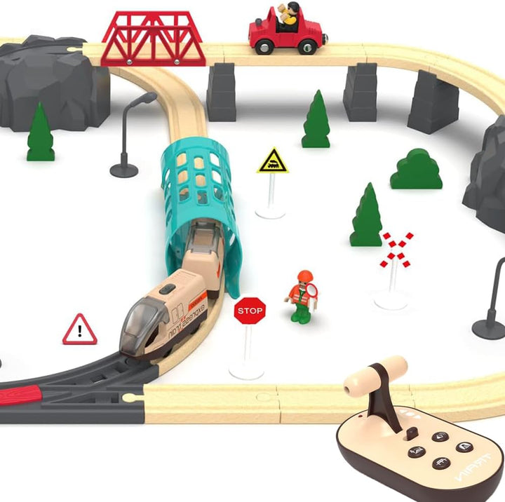 TOPLIVING Elektroeisenbahn für Holzschienen, ferngesteuerte Spielzeugeisenbahn, Motorisierte Eisenba