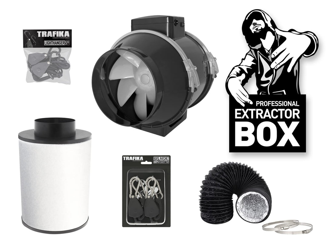 TRAFIKA Extractor KIT 100mm/250m3h KOHLEFILTER +ENTLÜFTER TT 100 (2 Geschwindigkeiten) + 5M COMBIDUC