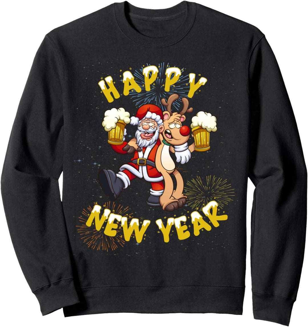 Happy New Year, Weihachtsmann mit Rudolf dem Rentier, Party Sweatshirt
