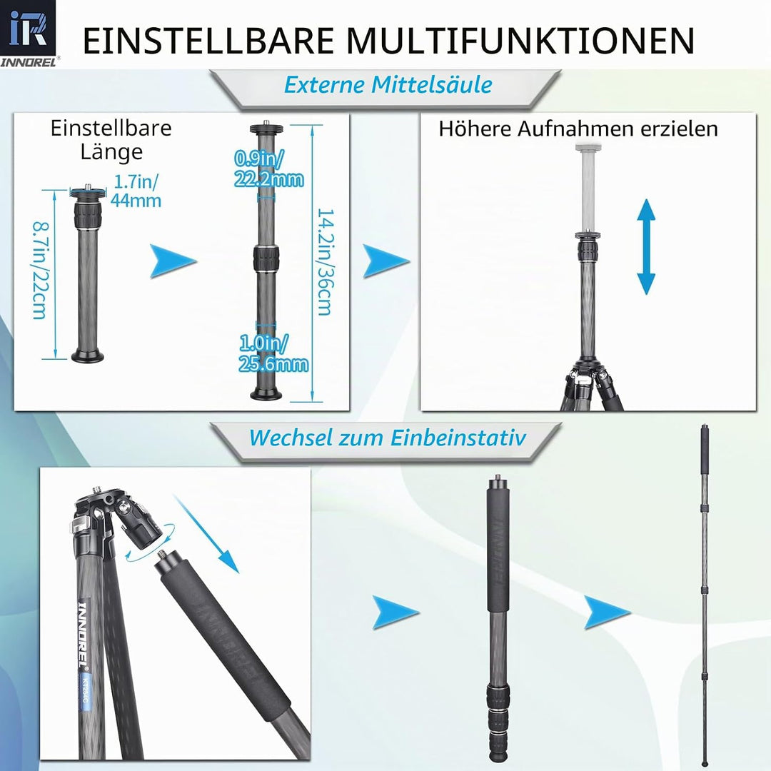 INNOREL KT254C Kohlefaser-Stativ für DSLR-Kamera, sehr professionell, tragbar, strapazierfähig, komp