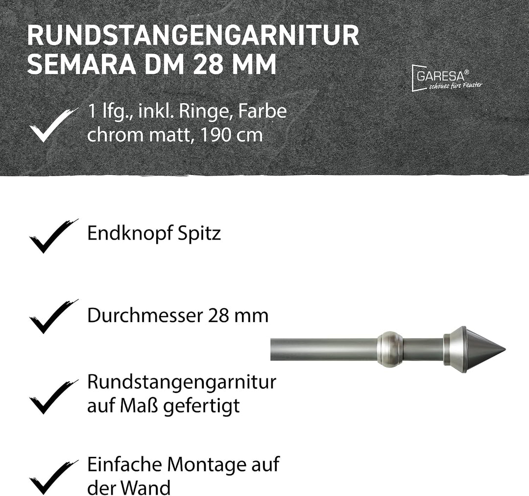 Garesa Gardinenstange Semara Ø 28mm, 1-läufig, Chrom, matt I Stabile Vorhangstange inkl. Ringe + Fal