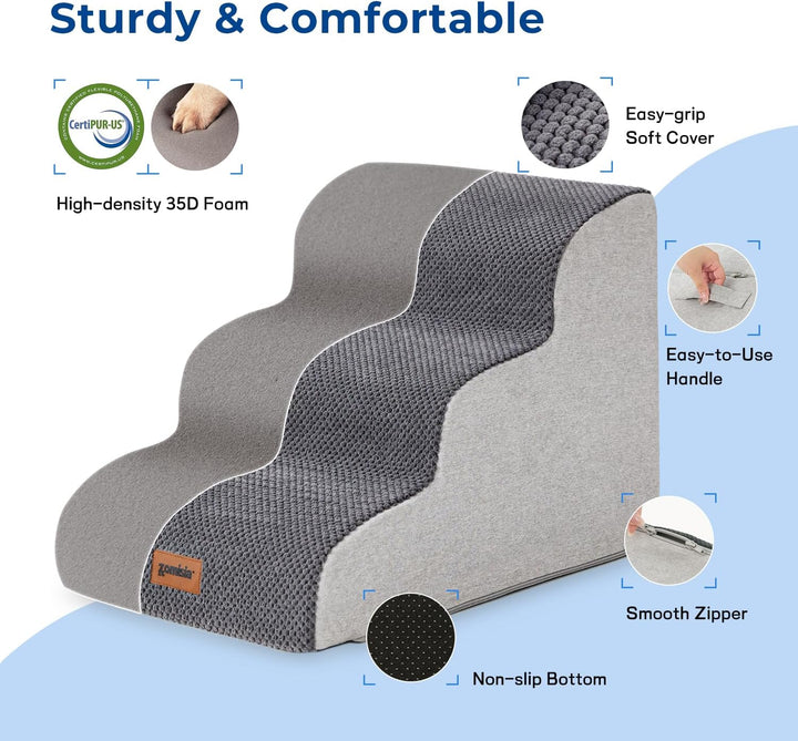 ZOMISIA Hundetreppe für Kleine Hunde 40 cm Hoch, 3 Stufen, Grau | Haustiertreppe für Sofa Bett, Hoch