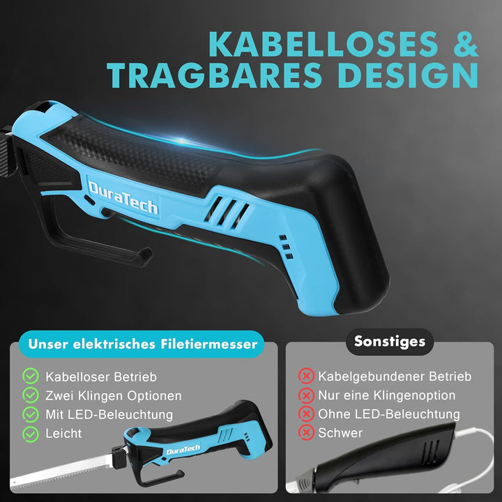 DURATECH 12V Kabelloses Elektrisches Fischmesser mit 20cm und 25cm Klingen, Elektrisches Messer mit