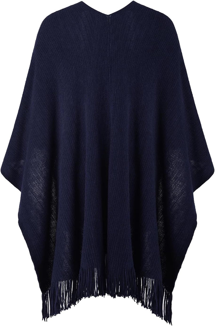 Ferand Damen Poncho mit Offener Vorderseite und Taschen, Weiche Strick Cape mit Fransen für Herbst W