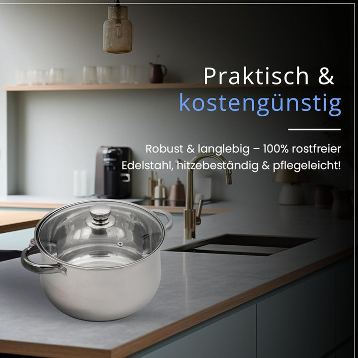 Induktions-Kochtopf 18cm – Edelstahl Bratentopf mit Glasdeckel & Dampfloch - Für Alle Herdarten (Ind