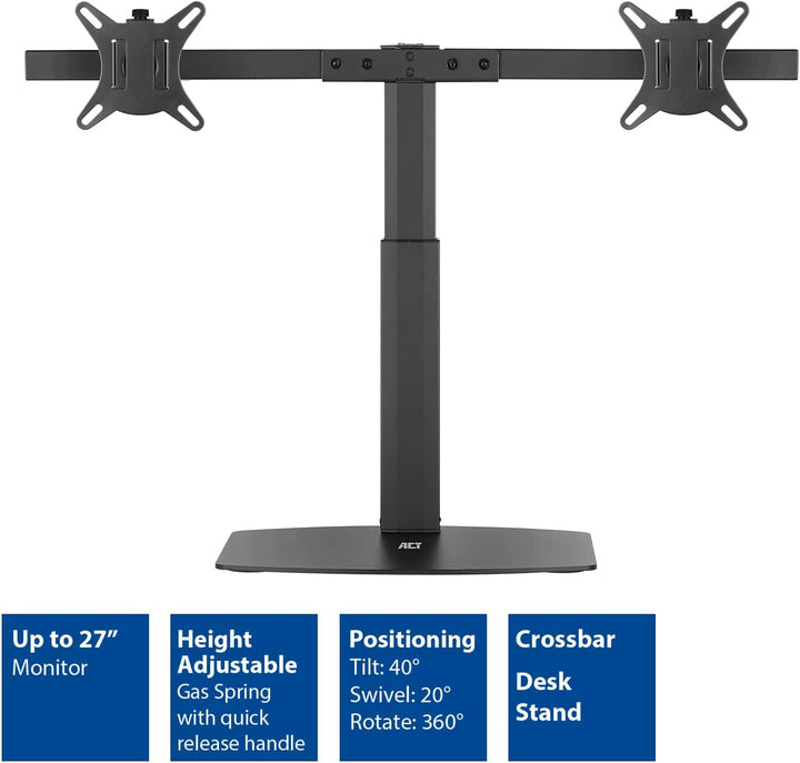 ACT Monitor Halterung 2 Monitore Gasfeder bis 27", VESA 75/100mm Monitor Arm, neigbar 40°, schwenkba