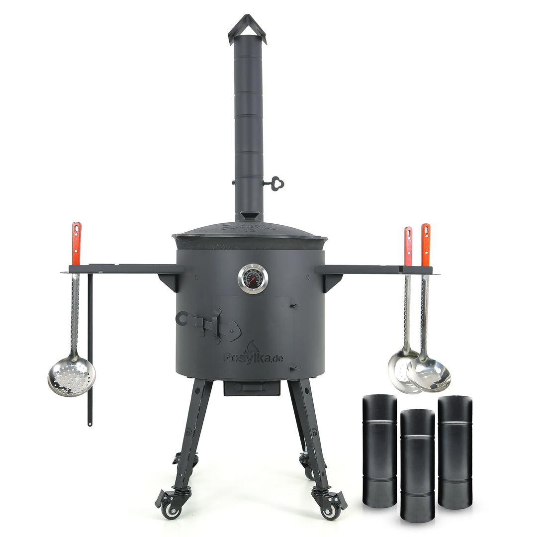 Utschak Feuerofen Ø 40cm mit Kazan Gusseisen 12L, Ø 42,5cm| Räder & Ablagen & Schaumlöffel | Kasan-S