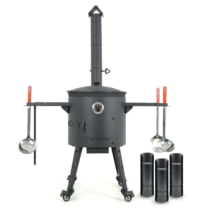 Utschak Feuerofen Ø 40cm mit Kazan Gusseisen 12L, Ø 42,5cm | Räder &amp; Ablagen &amp; Schaumlöffel | Kasan-