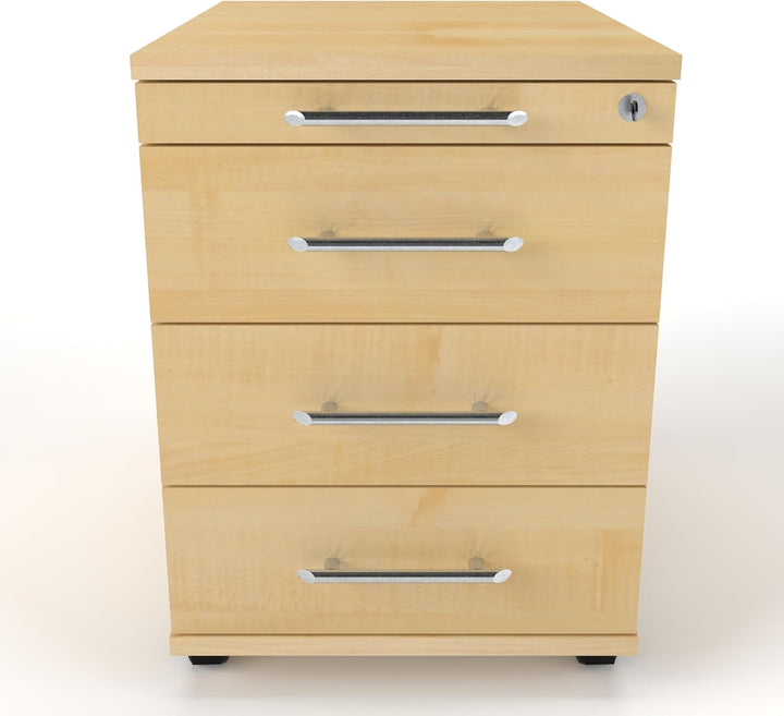 Rollcontainer CADI 43×58×59 cm – abschliessbarer Bürocontainer in Ahorn mit Orga- & 3 Universal-Schu