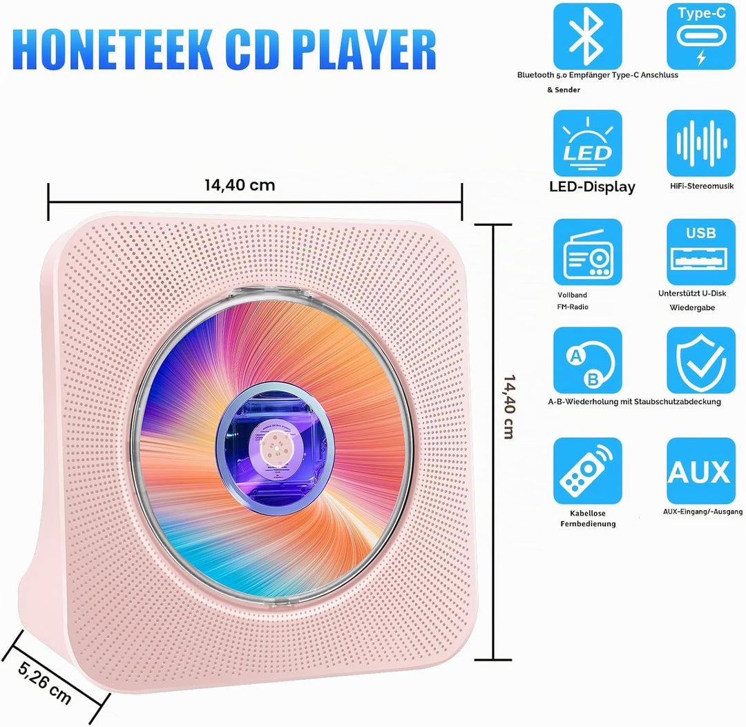 Tragbarer CD-Player für Zuhause, HoneTeek persönlicher CD-Player mit Bluetooth, Lautsprecher, Musik-