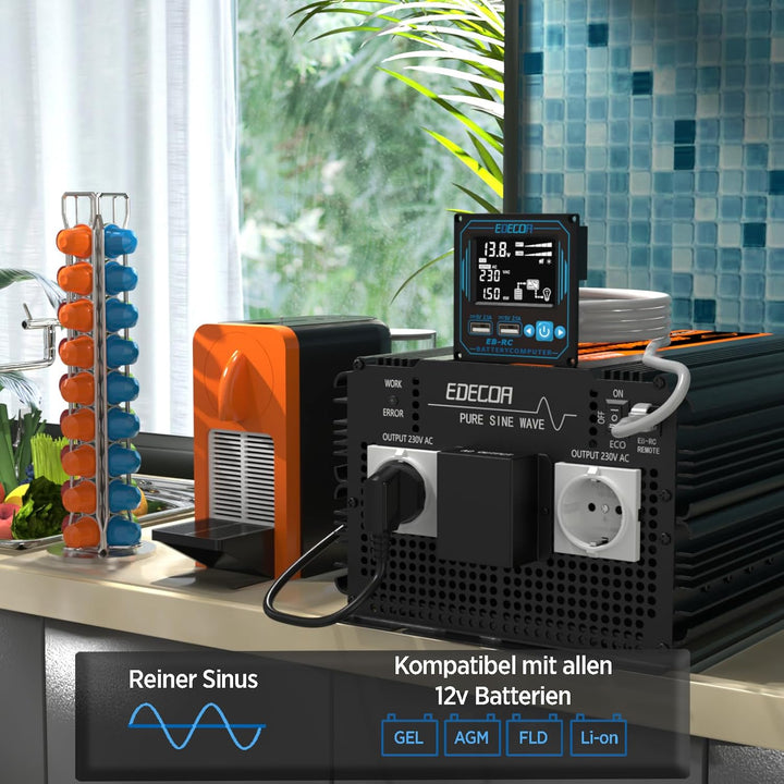 EDECOA Wechselrichter 12v auf 230v Pure Wave 3500w Spannungswandler Fernbedienung Pro 2X USB Kann Ba