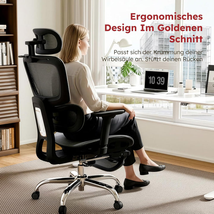Ergonomischer Bürostuhl Voll-Mesh mit Abnehmbarem Kissen, Fussstütze, Höhenverstellbarem Rückenlehne