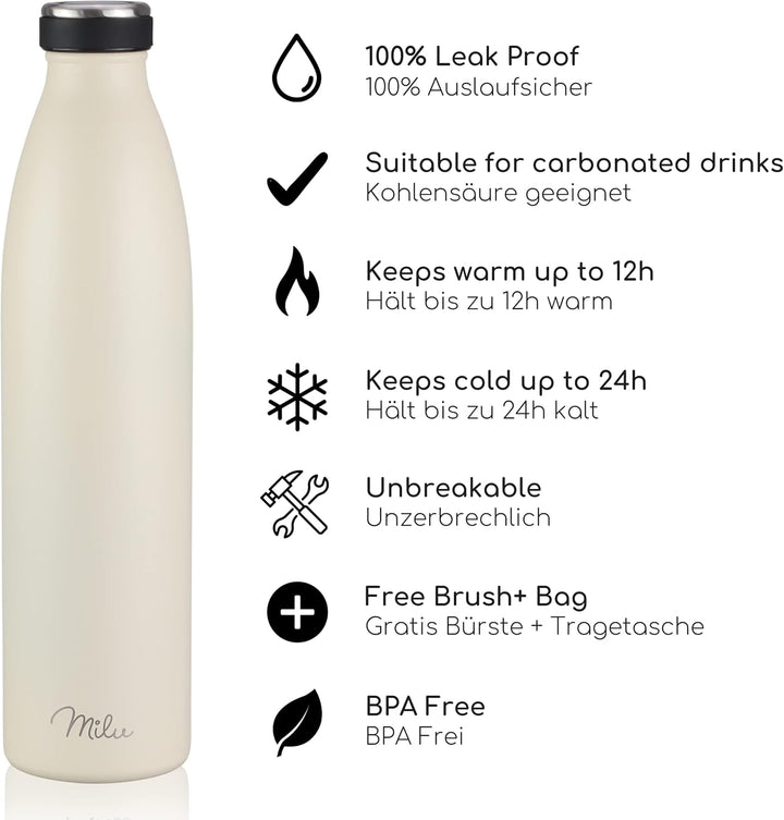 Milu Edelstahl Trinkflasche 350ml 500ml 750ml 1L 1,5L Thermosflasche Isolierte Wasserflasche Auslauf
