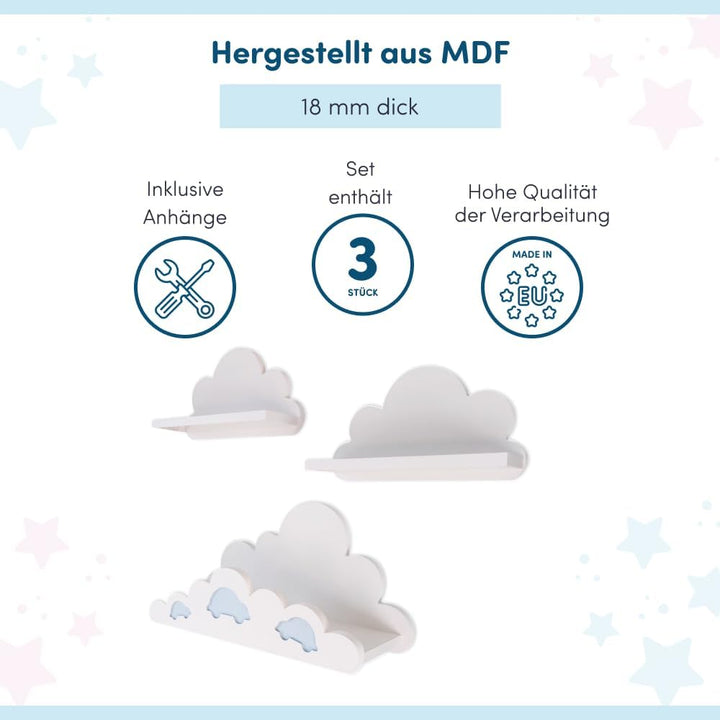3er Set Wandregal Kinderzimmer Weiss | Babyzimmer Wolkenregal für Bücher, Spielzeug, Dekoration | Re