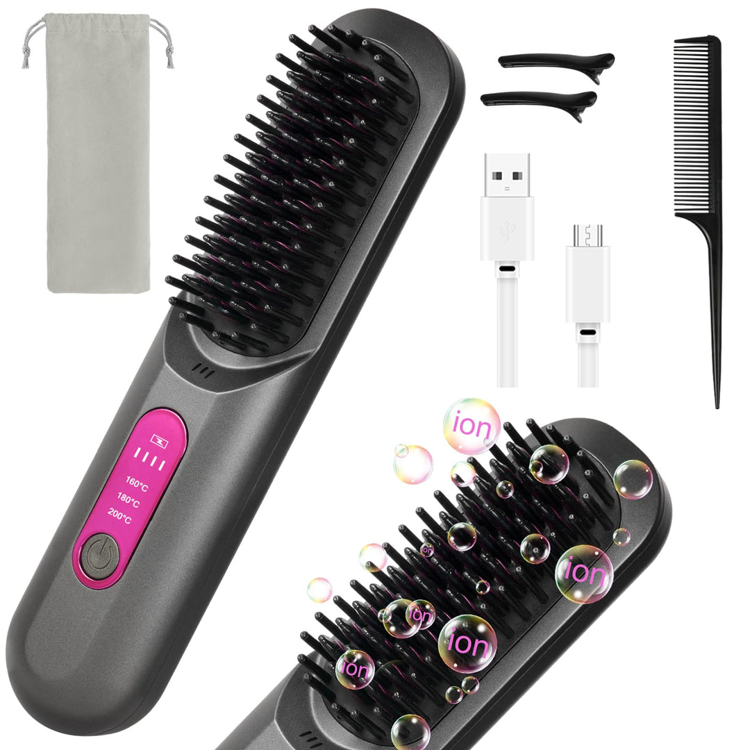 LOPHE Mini Haarglätterbürste, Glättbürste Kabellos, Hair Straightener Comb mit LCD-Bildschirm 3-Stuf