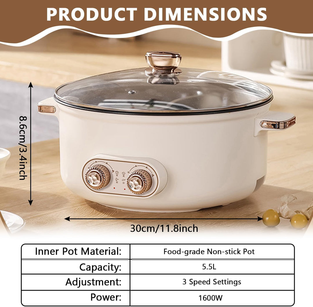 Hot Pot Elektrisch, 5.5L Doppelter Topf mit Zwei Reglern, 1600W Elektrischer Kochtopf mit Trennwand