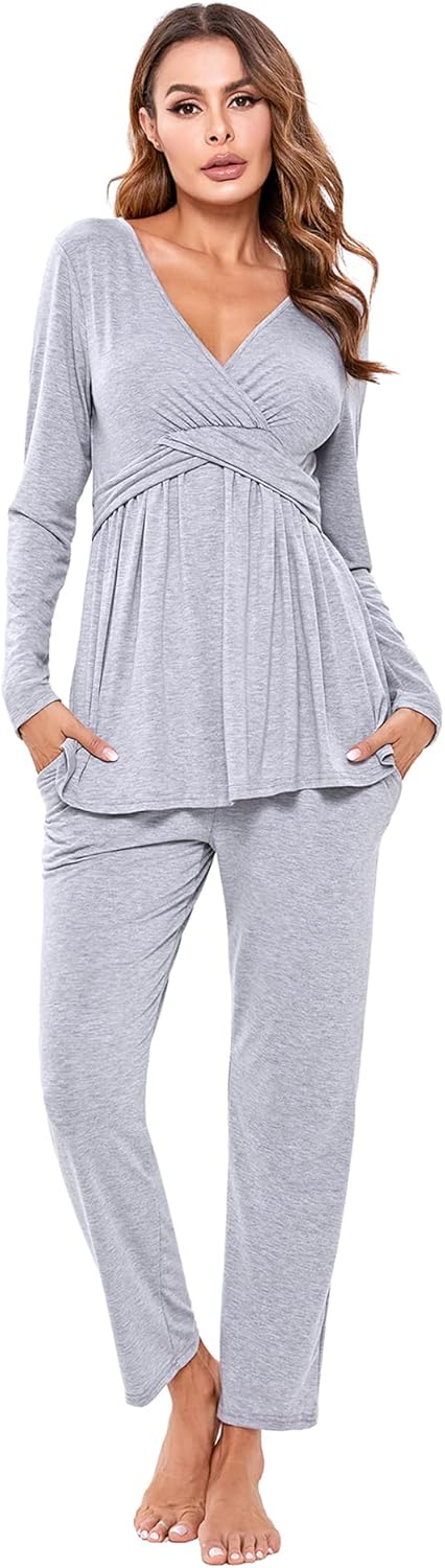 Litherday Stillpyjama Lang Umstandspyjama Langarm Zweifarbiger Baumwolle Stillzeit Nachtwäsche Still