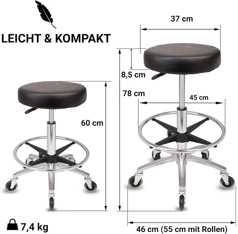 Staboos Rollhocker bis 160 kg - Premium Sitz rund und Fussstütze - Praxishocker mit Rollen und Fusss