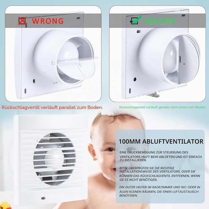 100mm Abluftventilator Badlüfter Lüfter Abluft Wandventilator mit Zugkettenschalter, Ruckstauklappe,
