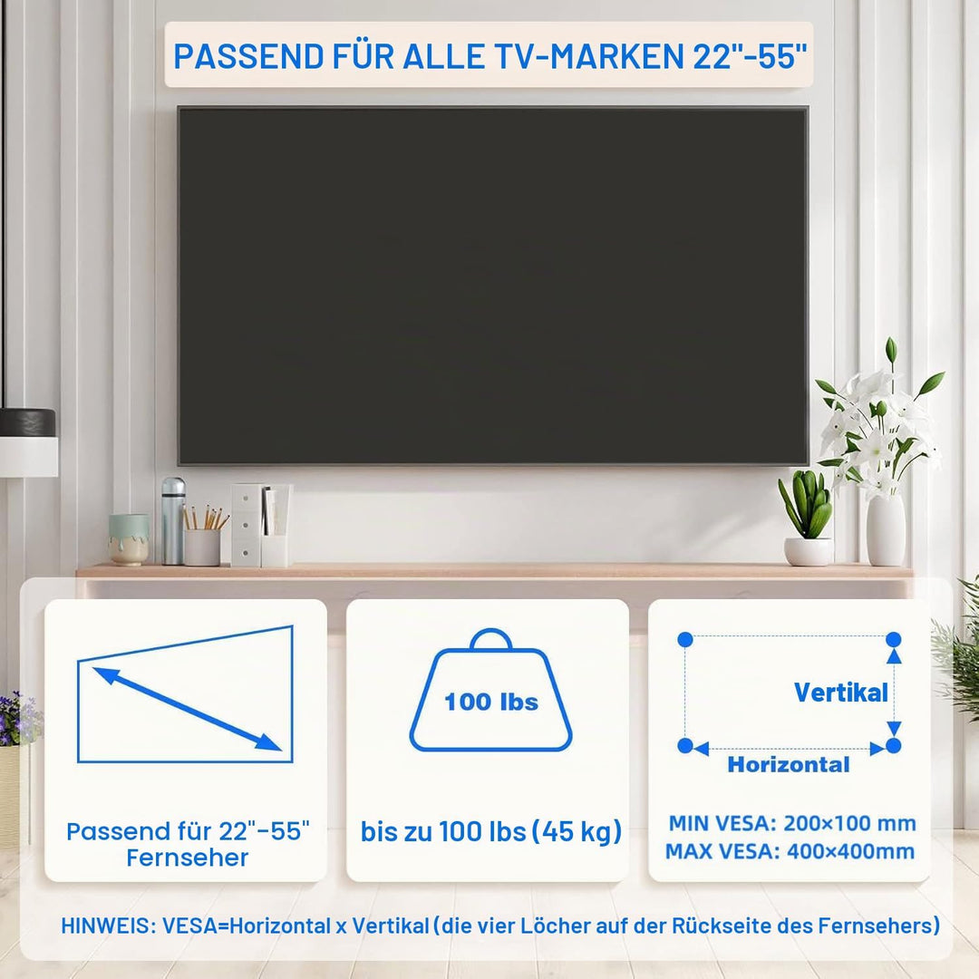 TV Wandhalterung, Ultraslim Fernsehen Halterung Wand für 22-55 Zoll Flach & Curved Fernseher oder Mo