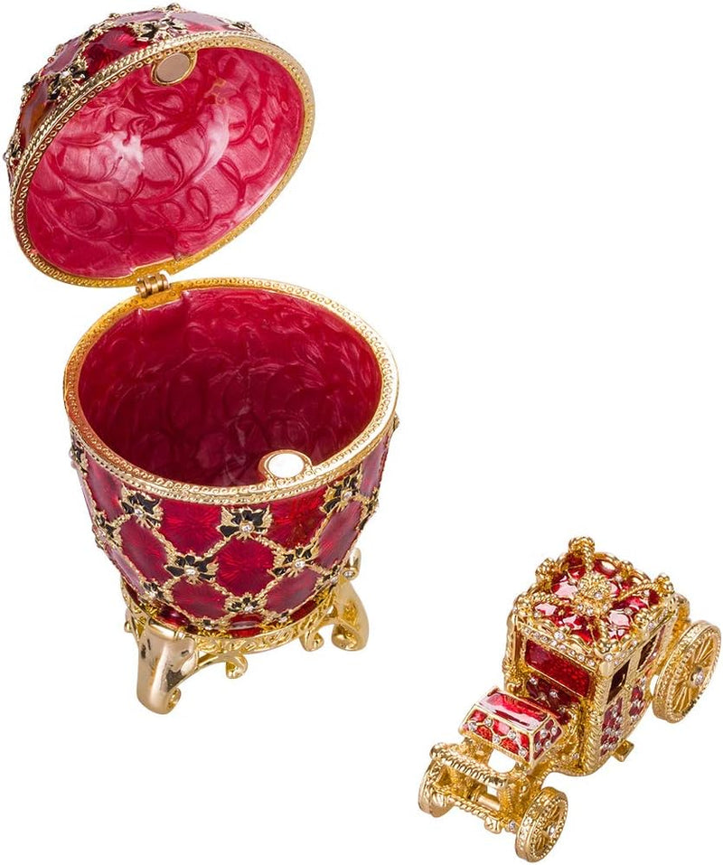 Fabergé-Stil Krönungs Ei/Schmuckkästchen mit Kutsche 10 cm rot