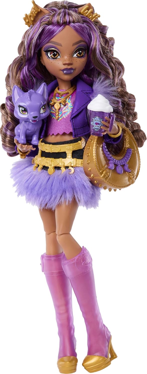 Monster High-Puppe, Clawdeen Wolf in violetter Moto-Jacke und Fellrock mit Wolfsjungem Crescent und