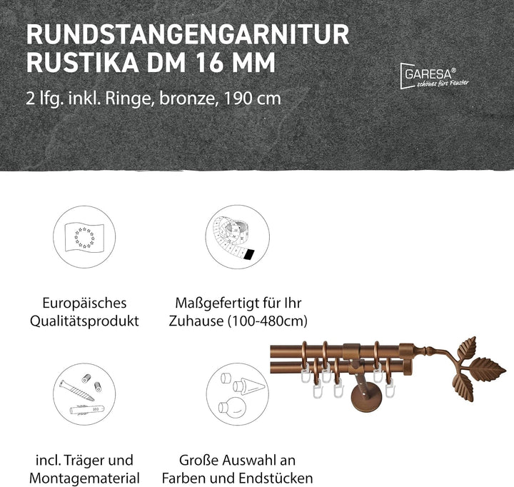 Garesa Gardinenstange Rustika Ø 16mm, 2-läufig, Bronze I Rustikale Vorhangstange aus Metall inkl. Ri