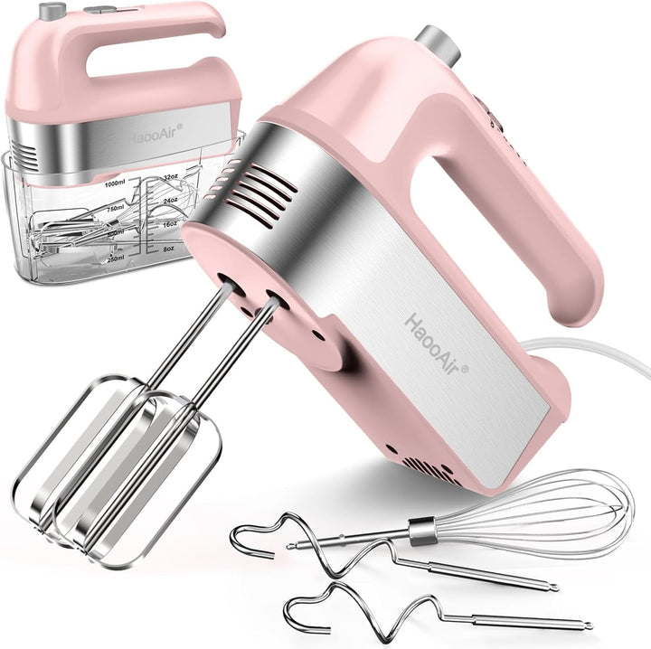 450W Elektro-Handmixer, 5-Gang-Handmixer mit Messbecher-aufbewahrung, 5 Edelstahl-Zubehör, Turbo-Boo