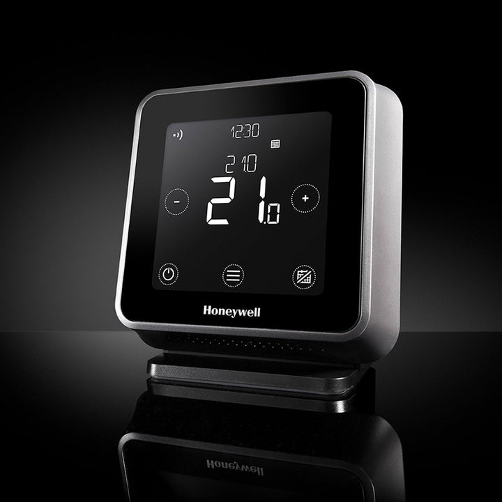 Honeywell Home T6R Wi-Fi Raumthermostat mit Tischhalter, Netzteil und Funk-Empfängerbox, schwarz, Y6