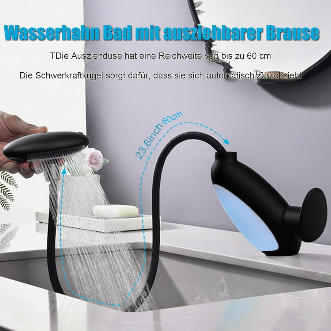 Wasserhahn Bad 4 Modus, LED Waschtischarmatur mit ausziehbarer brause, Wasserfall Mischbatterie Bad,