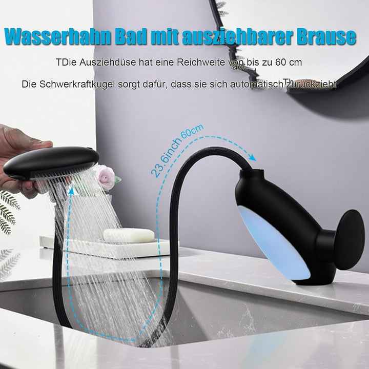 Wasserhahn Bad 4 Modus, LED Waschtischarmatur mit ausziehbarer brause, Wasserfall Mischbatterie Bad,