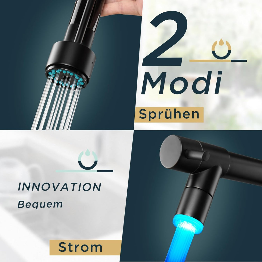 FORIOUS Wasserhahn Küche, Edelstahl-Küchenarmatur mit LED, Spülarmaturen Küche, Zweigriff-Mischbatte