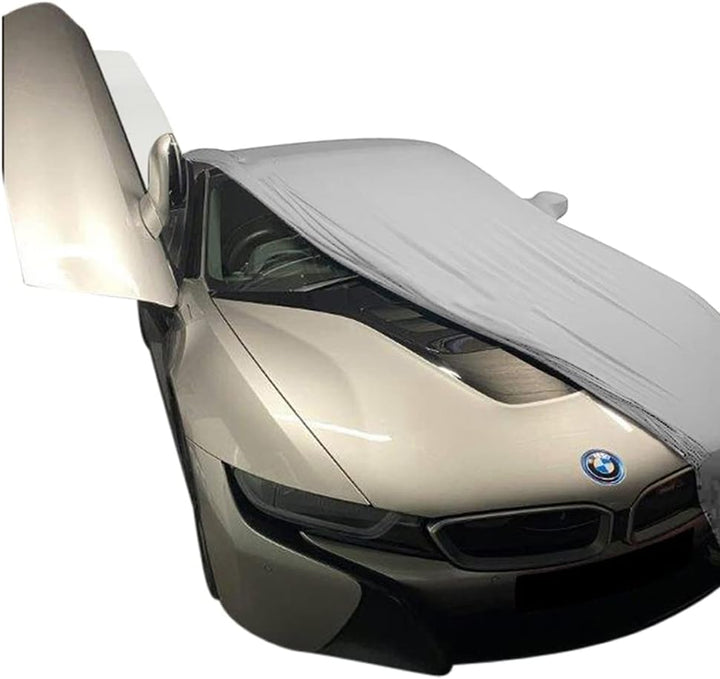 Indoor Autoabdeckung kompatibel mit BMW i8 mit Spiegeltaschen SUPER Soft Stretch