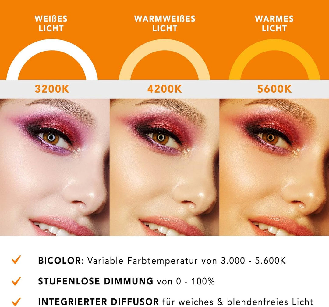 Walimex pro dimmbares LED Ringlicht 32W mit Lampenstativ & 2 Akkus I Ringleuchte mit einzeln schaltb