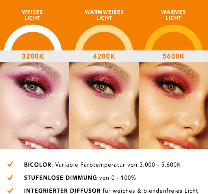Walimex pro dimmbares LED Ringlicht 32W mit Lampenstativ & 2 Akkus I Ringleuchte mit einzeln schaltb