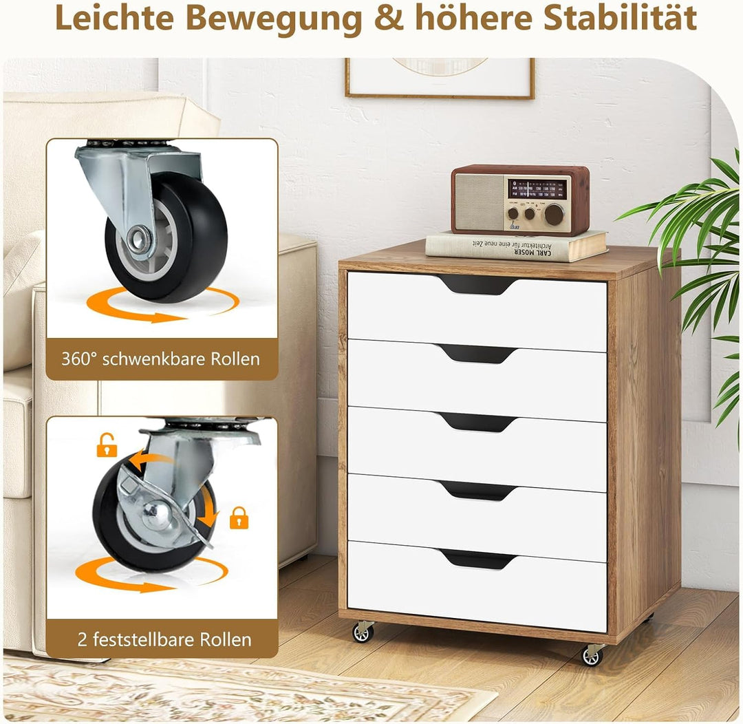 FANTASK Mobiler Aktenschrank, Mobiler Aktenschrank mit 5 Schubladen, Rädern, Schubladenkommode (Natü