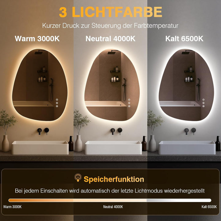 PESENXAN Asymmetrischer LED-Badspiegel mit Beleuchtung 65x50 cm, Beschlagfrei, 3 Lichtfarben Einstel