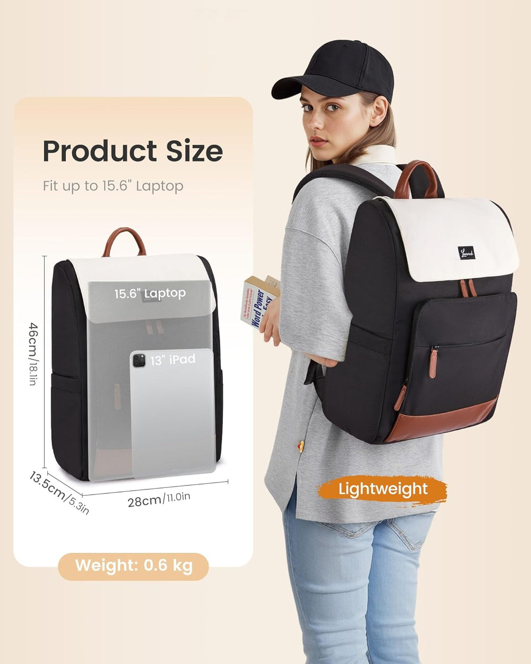 LOVEVOOK Rucksack Damen, 15,6 Zoll Laptop Schulrucksack Teenager Beige Khaki 15.6", Beige Khaki 15.6