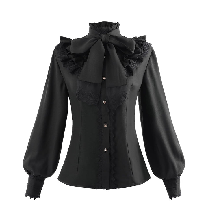 Fiamll Damen Viktorianisch Bluse Vintage Schleifenhemd Stehkragen mit Rüschen Langarmshirt Mittelalt
