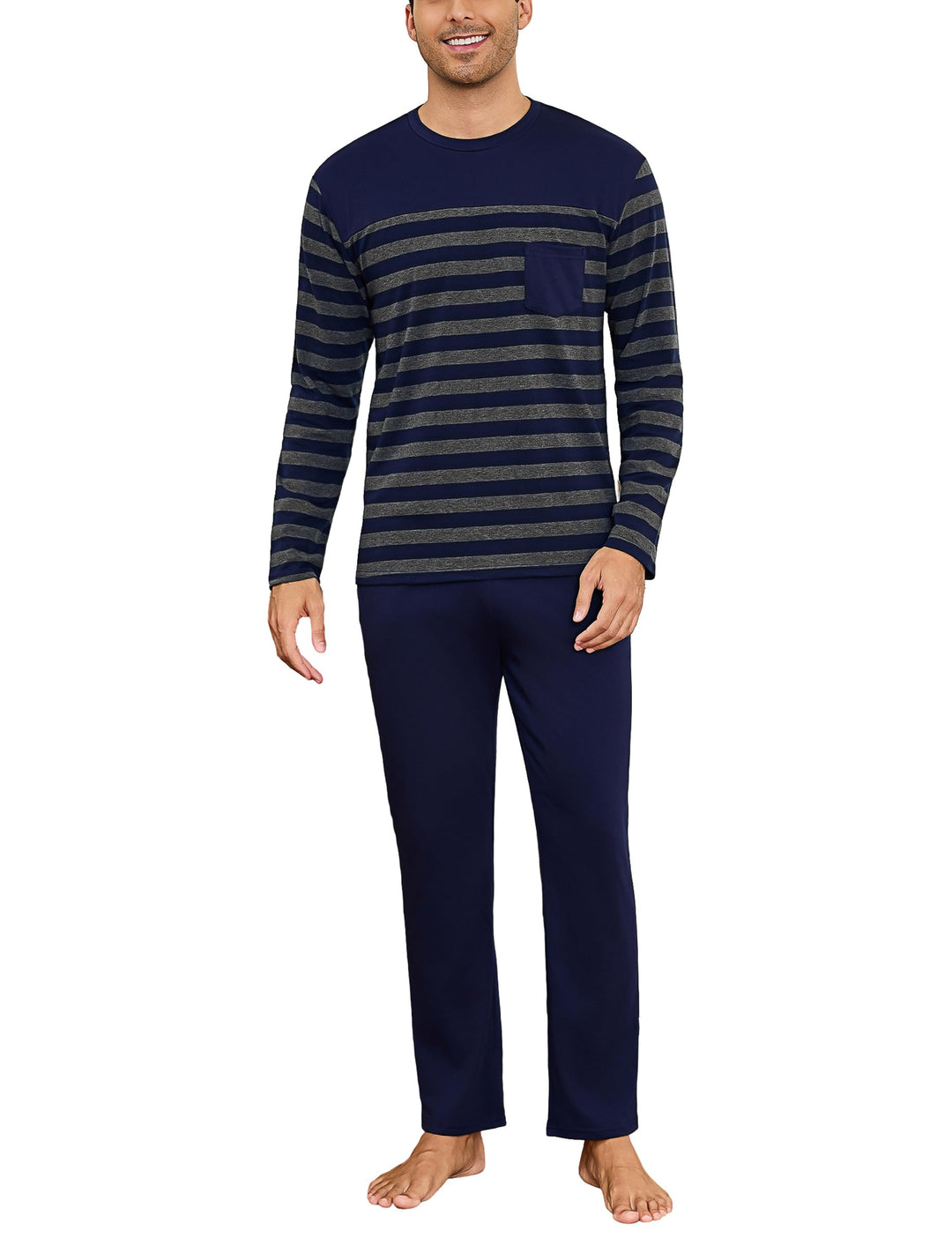 Irdcomps Schlafanzug Herren Pyjama Lang Winter Baumwolle Nachtwäsche Männer Set Langarm Gestreift L