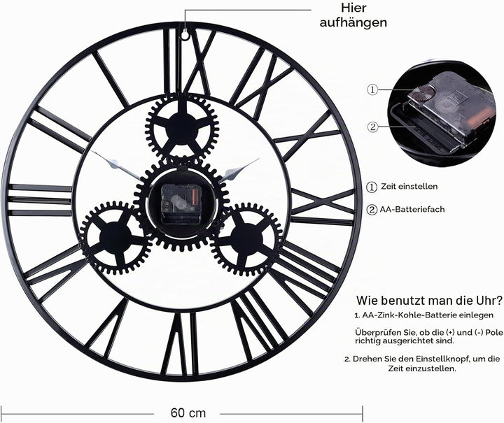 Lafocuse Industriell Gold Zahnrad Wanduhr Gross 57 cm Steampunk Lautlos Metall Quarzuhr mit 3D Romis