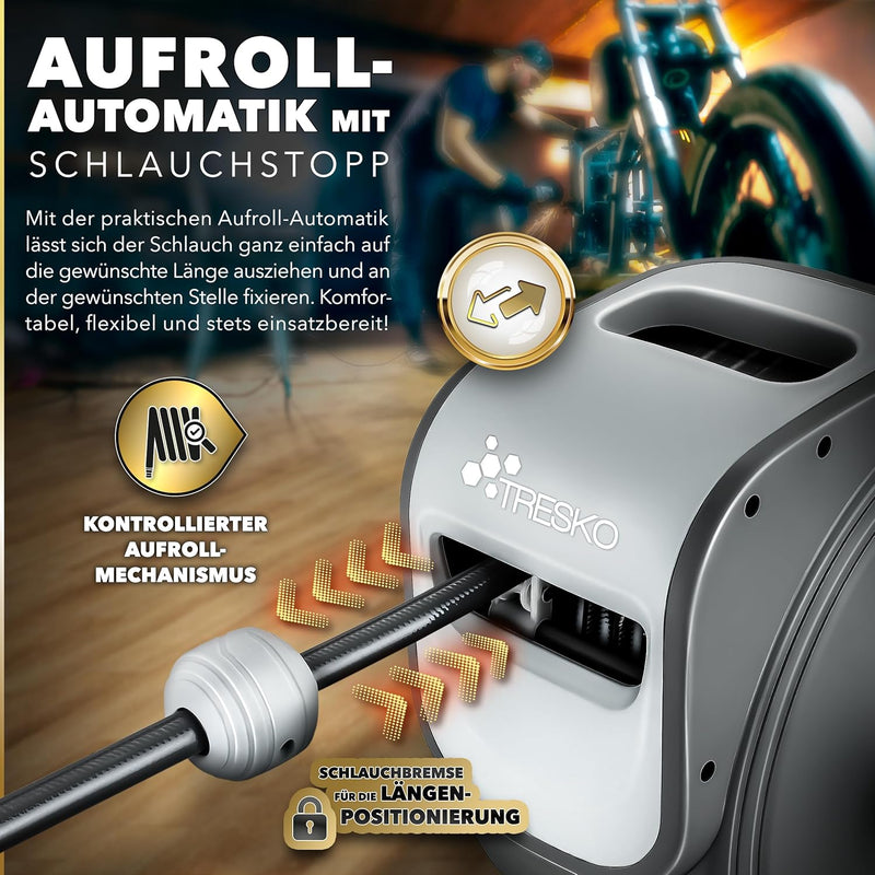 TRESKO® 30m Druckluftschlauch Aufroller automatisch 1/4" Anschluss | Schlauchtrommel Wandschlauchhal