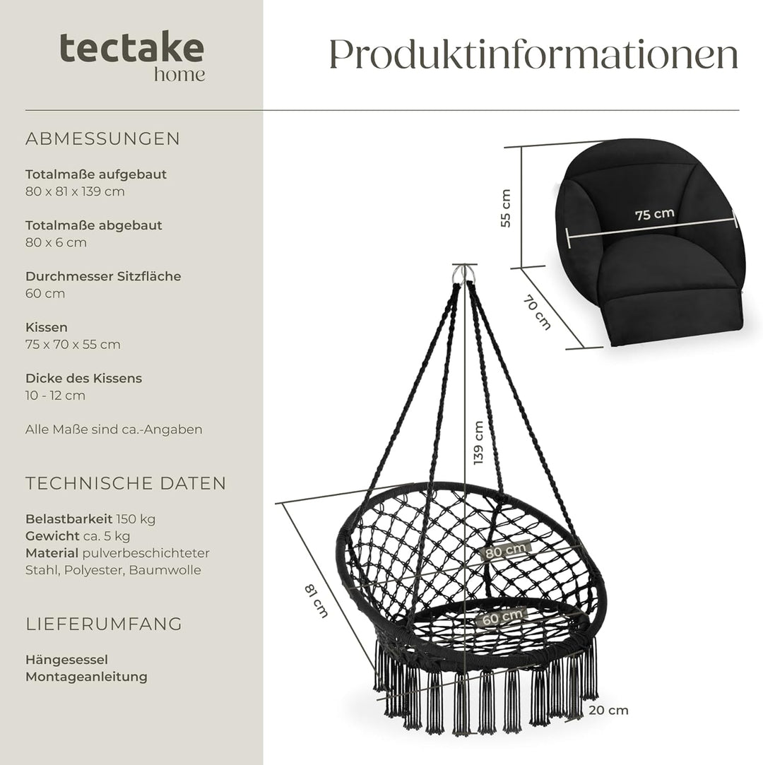 tectake® Hängesessel, Hängeschaukel mit dicken Kissen & Quasten, Boho Hängekorb Ø 80 cm, Hängesessel